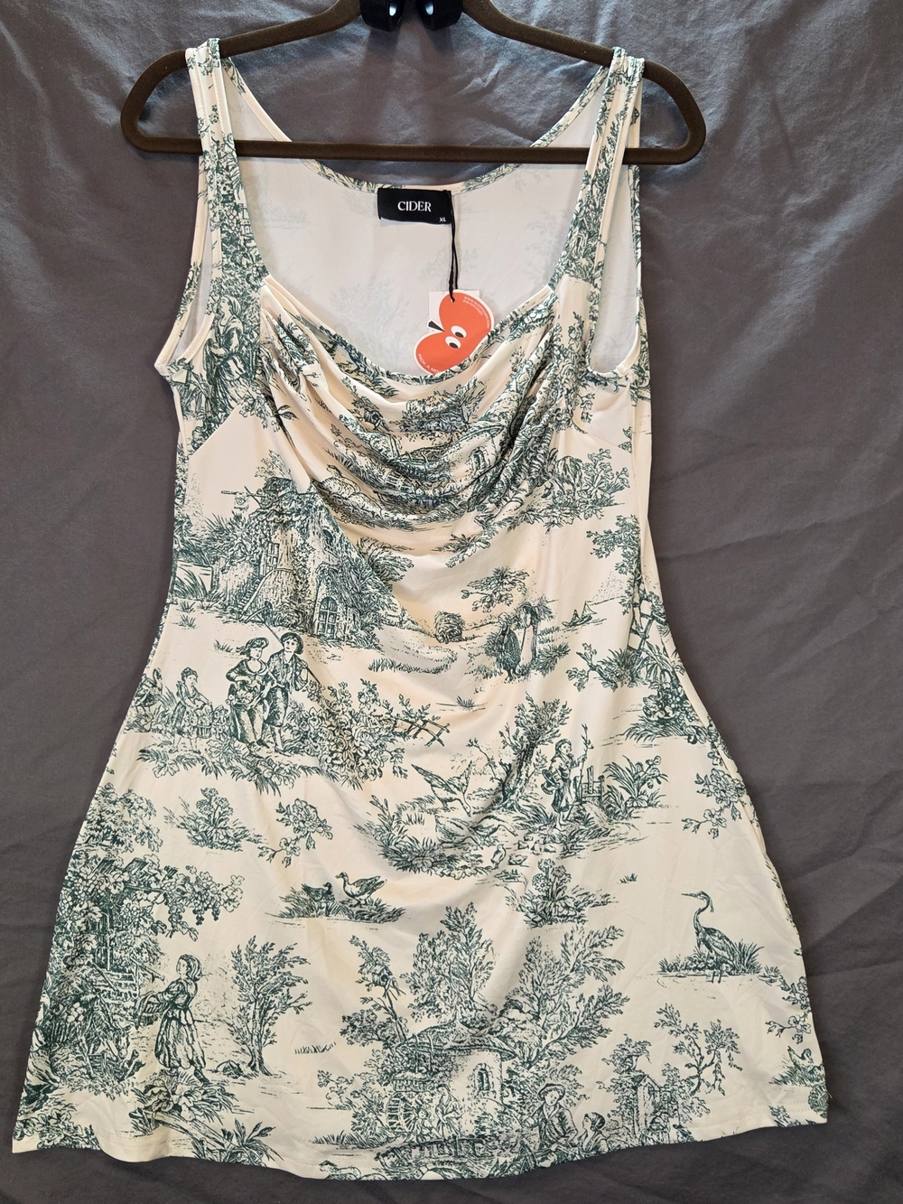 Cider Womens XL NWT Green Cream Pastoral Toile Print Sleeveless Cowl Neck Dress